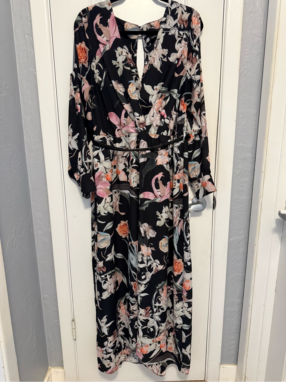 Black Floral Wrap Maxi Dress with Pink & Cream Floral Accents